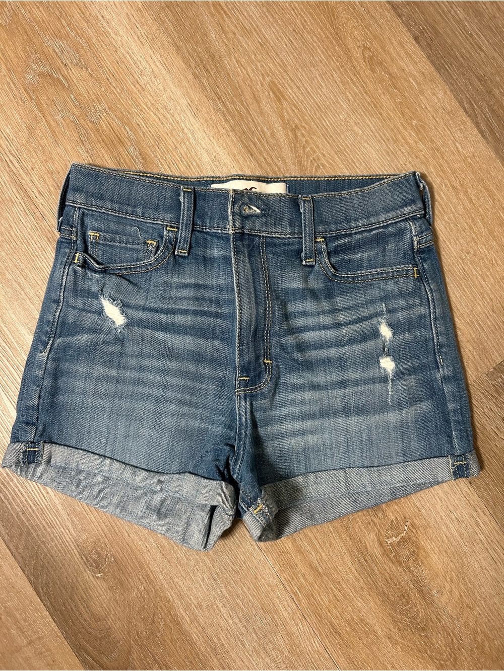 Hollister Blue Distressed Denim Roll-Cuff Shorts